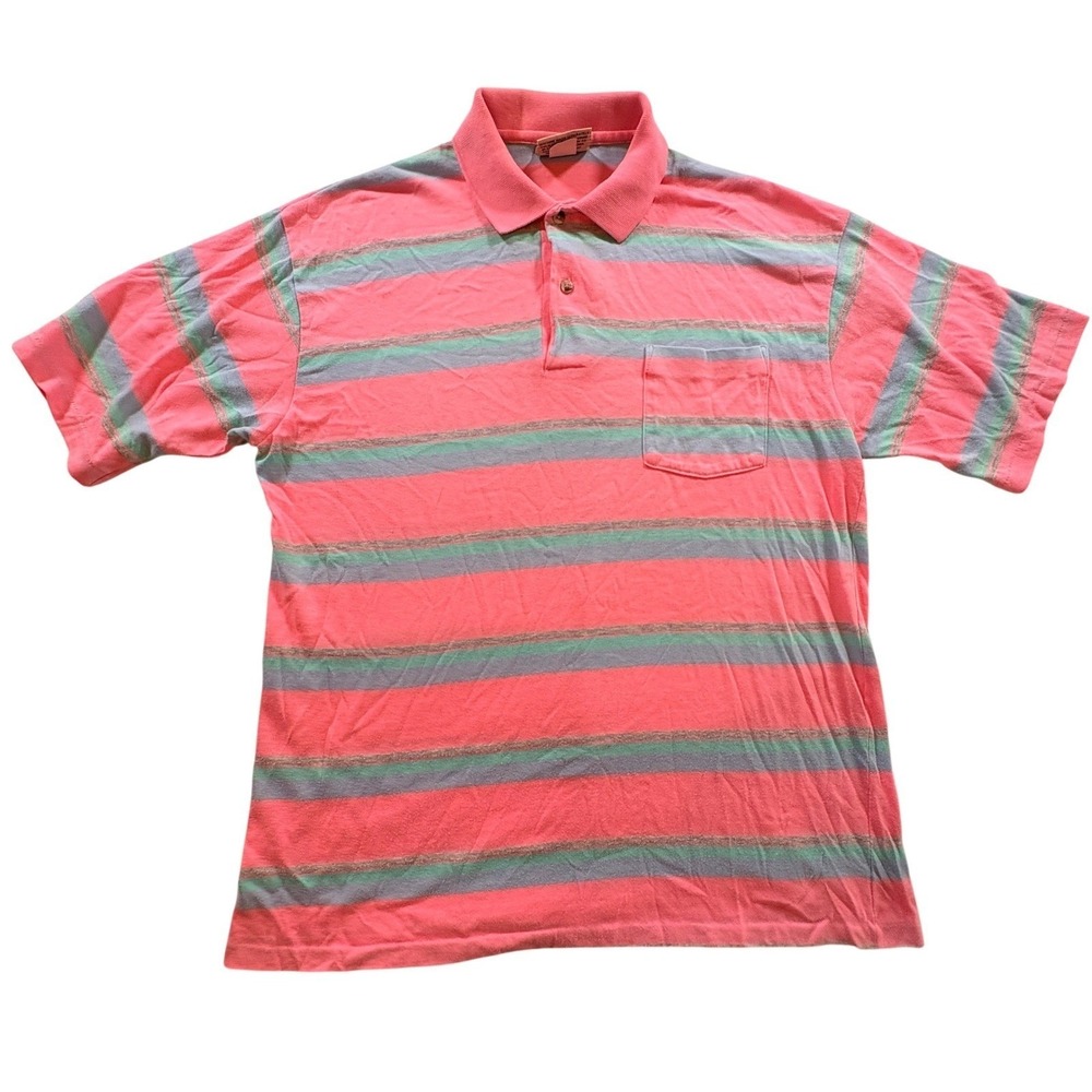 American Edition Striped Polo Shirt Mens Large Pink Vintage 90s Made in USA